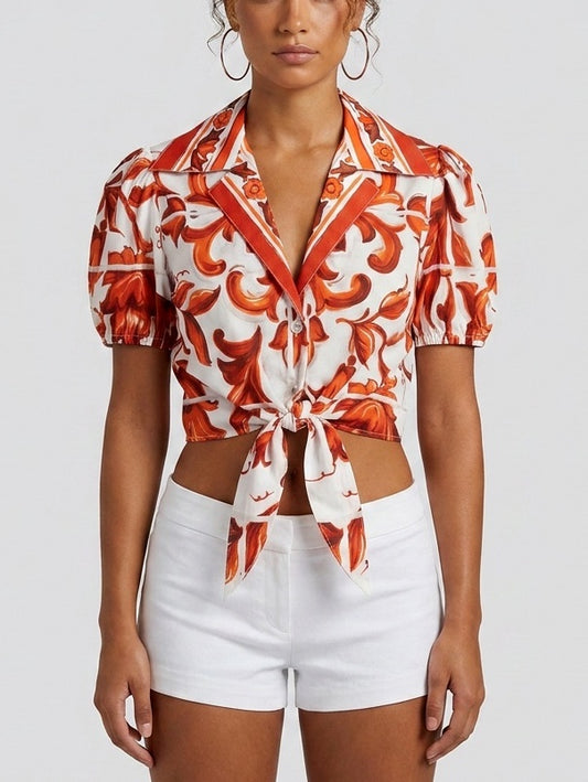 Sicilian Print Cropped Tie-Front Cotton Top - S - Tops