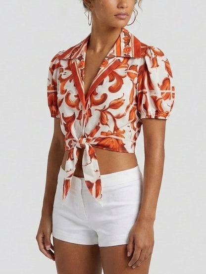 Sicilian Print Cropped Tie-Front Cotton Top - Tops