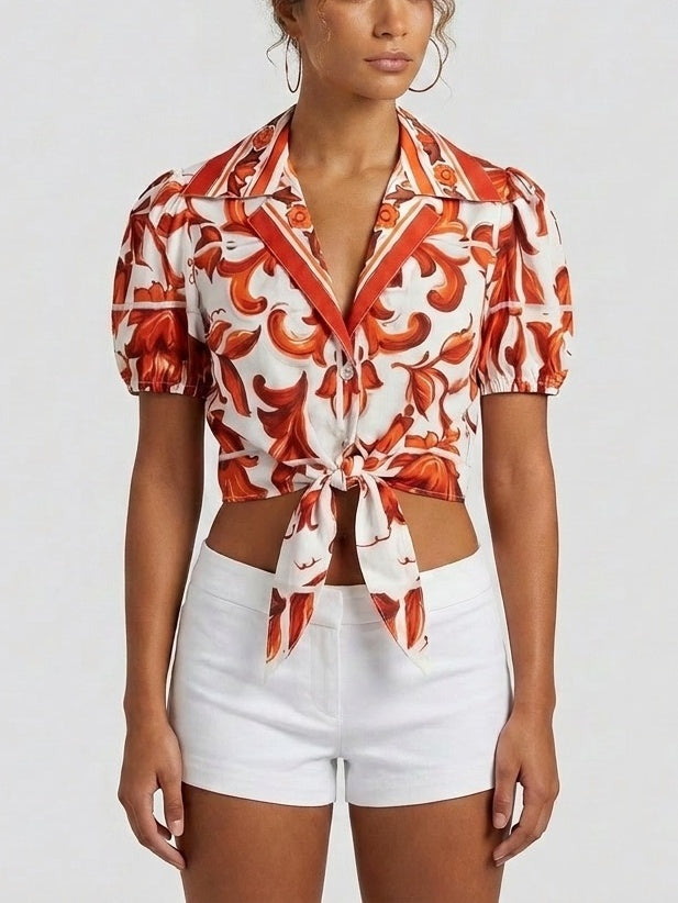 Sicilian Print Cropped Tie-Front Cotton Top - Tops