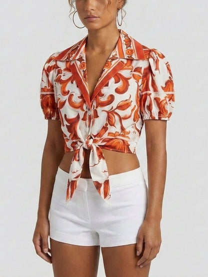 Sicilian Print Cropped Tie-Front Cotton Top - Tops
