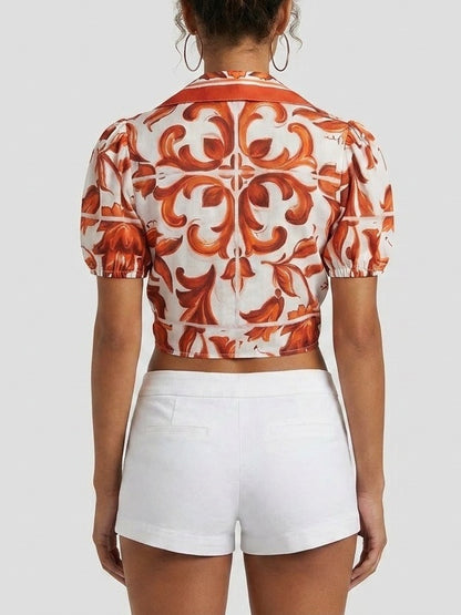 Sicilian Print Cropped Tie-Front Cotton Top - Tops