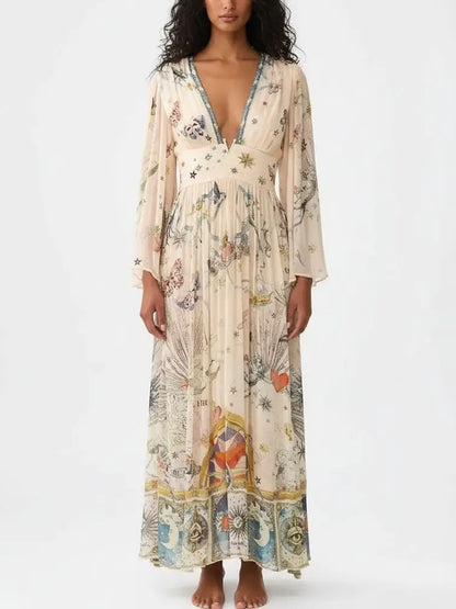Silk Astrology-Print V-Neck Maxi Dress - S - Dresses