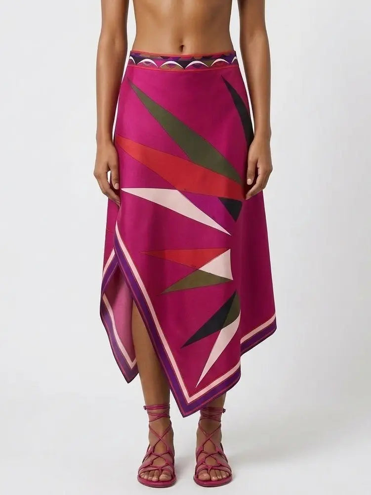 Silk Asymmetrical Abstract Print Midi Skirt - S - Skirts