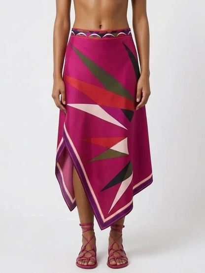 Silk Asymmetrical Abstract Print Midi Skirt - S - Skirts