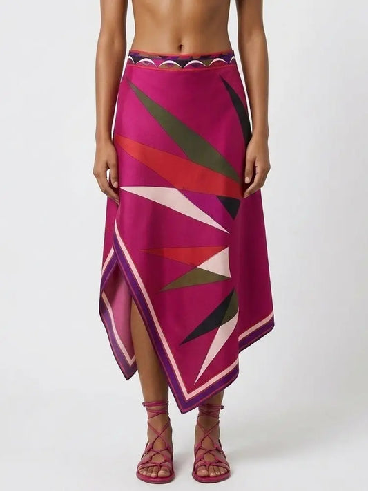 Silk Asymmetrical Abstract Print Midi Skirt - S - Skirts