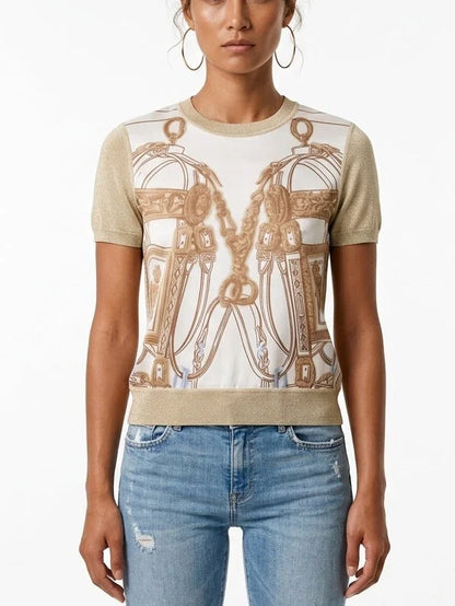 Silk Blend Equestrian Print Short Sleeve Sweater - S - Sweaters & Knitwear