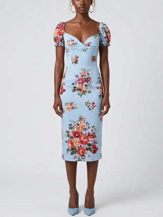 Silk Floral Midi Dress with Puff Sleeves - S - Dresses