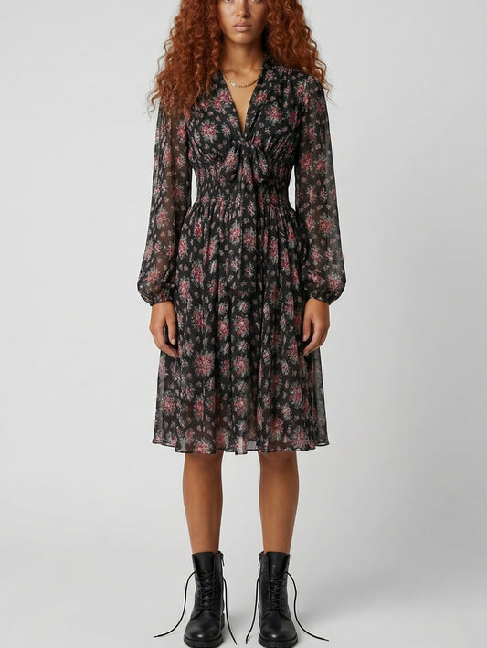 Silk Floral Tie-Neck Smocked Waist Midi Dress - S - Dresses