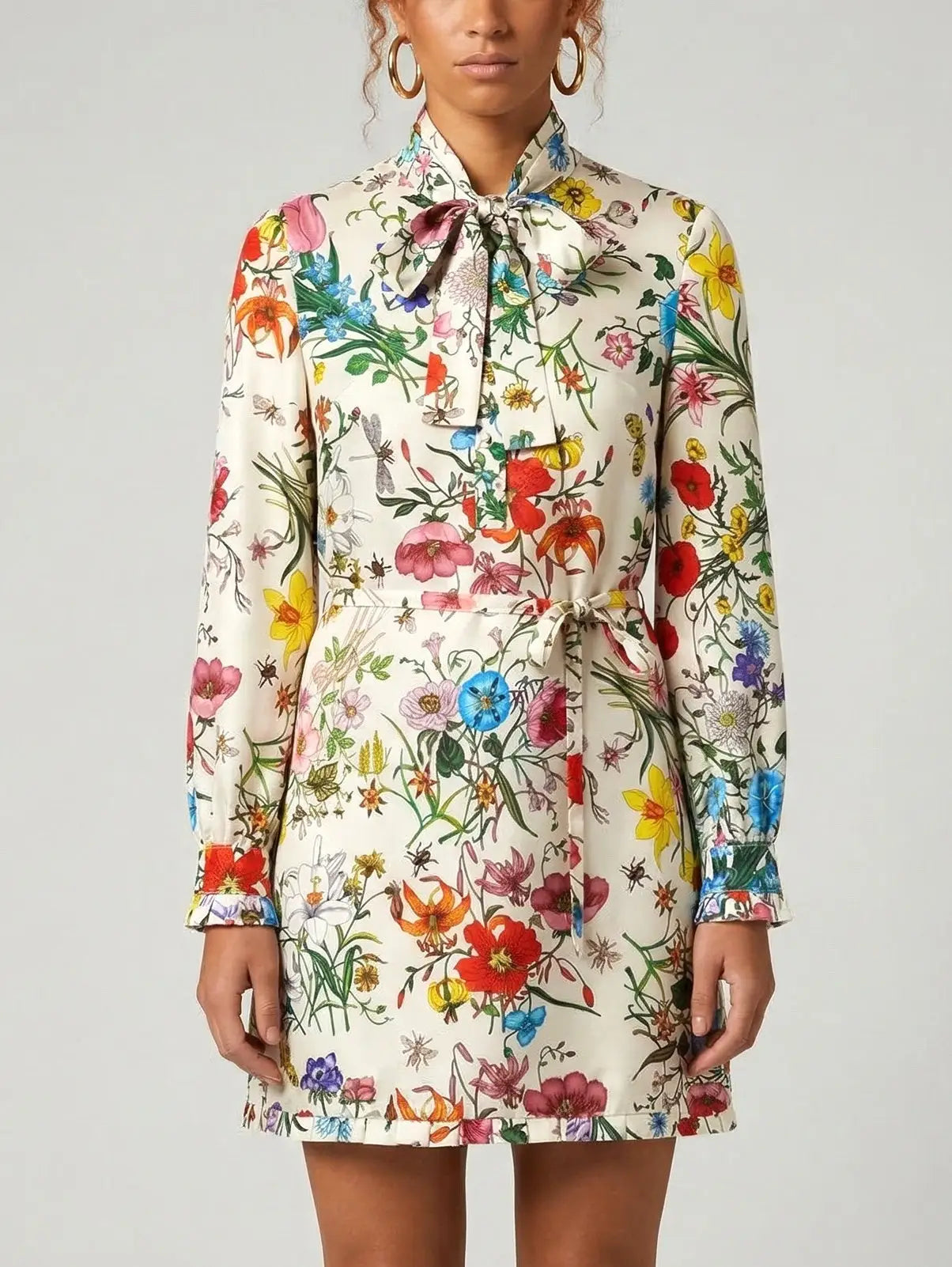Silk Floral Tunic Mini Dress with Tie Neck - S - Dresses