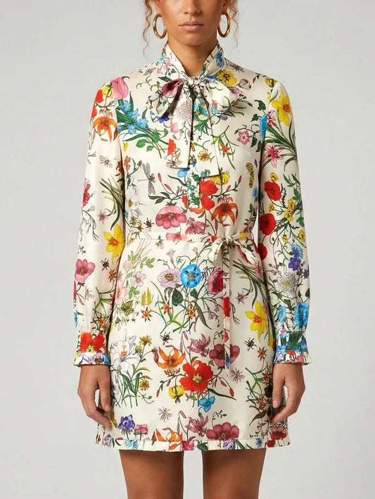 Silk Floral Tunic Mini Dress with Tie Neck - S - Dresses