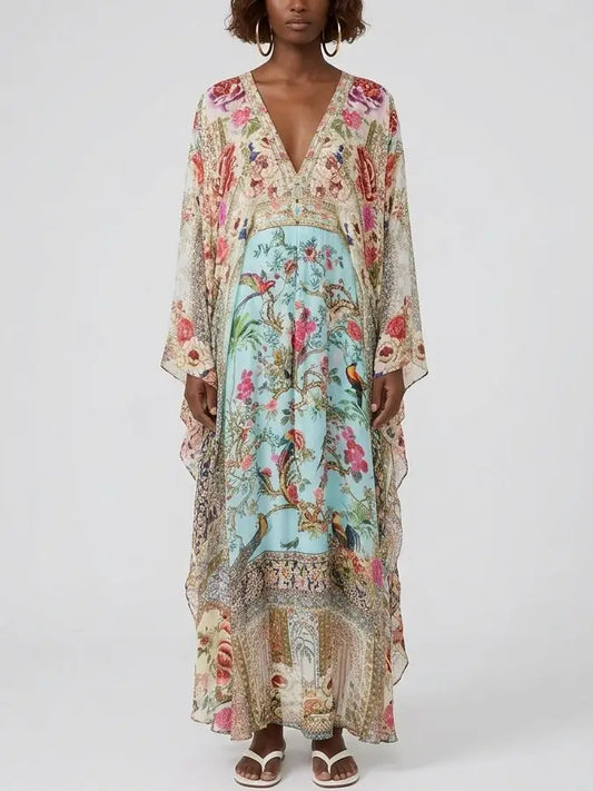 Silk Kaftan Maxi Dress with Floral and Bird Print - S - Dresses