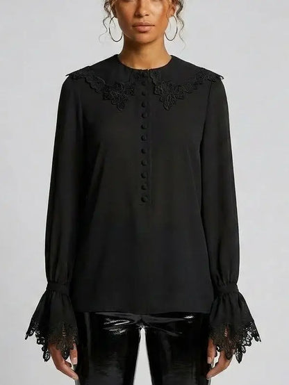 Silk Lace Collar Bell Sleeve Blouse - Small / Black - Tops