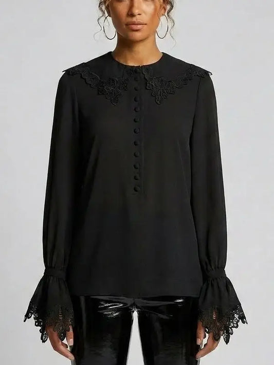 Silk Lace Collar Bell Sleeve Blouse - Small / Black - Tops