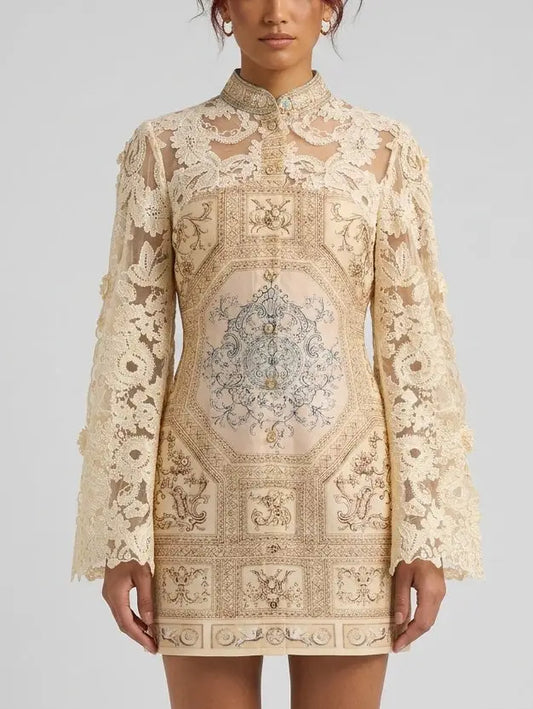 Silk Linen Embroidered Lace Mini Dress - S - Dresses