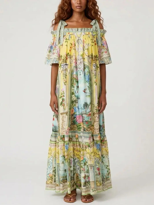 Silk Off-Shoulder Maxi Dress with Ornamental Print - S - Dresses