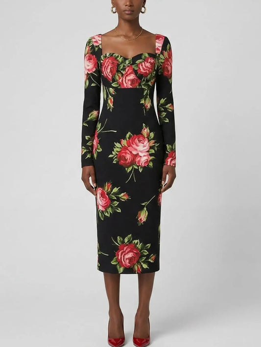 Silk Rose Print Sweetheart Midi Dress - S - Dresses