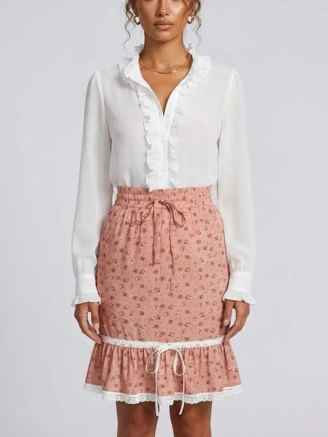 Silk Ruffle Blouse and Blush Floral Skirt Set - S - Suits & Sets