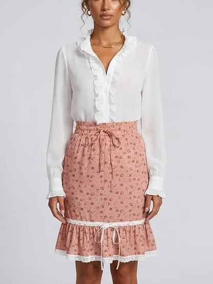 Silk Ruffle Blouse and Blush Floral Skirt Set - S - Suits & Sets