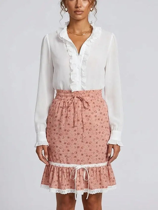Silk Ruffle Blouse and Blush Floral Skirt Set - S - Suits & Sets