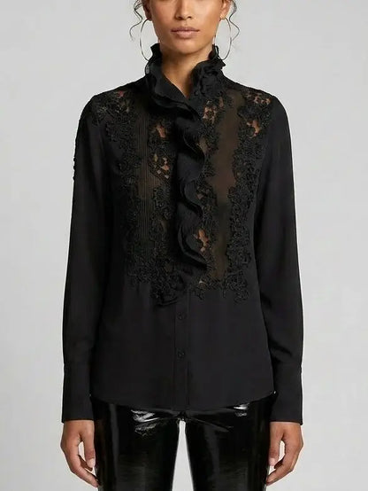 Silk Ruffle Front Blouse with Lace Panels - S / Black - Tops