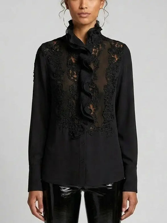 Silk Ruffle Front Blouse with Lace Panels - S / Black - Tops