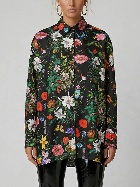 Silk Twill Botanical Print Black Button-Up Shirt - S - Tops