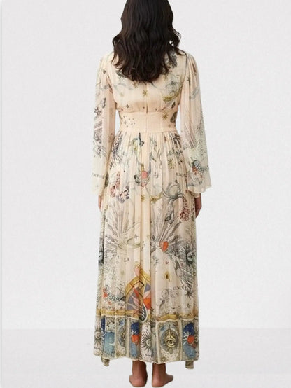 Silk Astrology-Print V-Neck Maxi Dress - Dresses