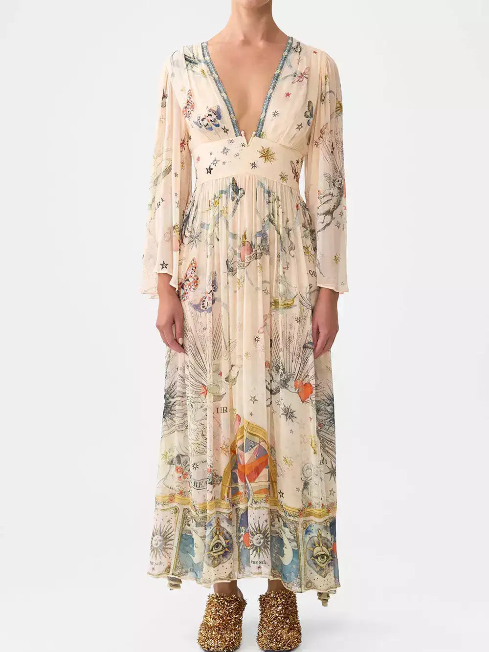 Silk Astrology-Print V-Neck Maxi Dress - Dresses