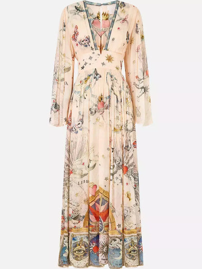 Silk Astrology-Print V-Neck Maxi Dress - Dresses