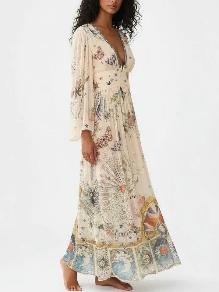 Silk Astrology-Print V-Neck Maxi Dress - Dresses