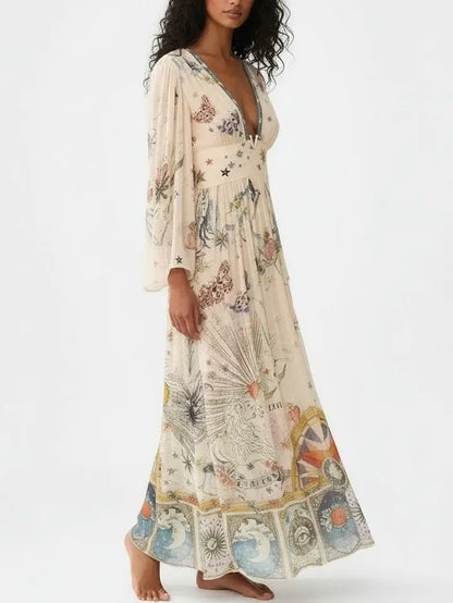 Silk Astrology-Print V-Neck Maxi Dress - Dresses