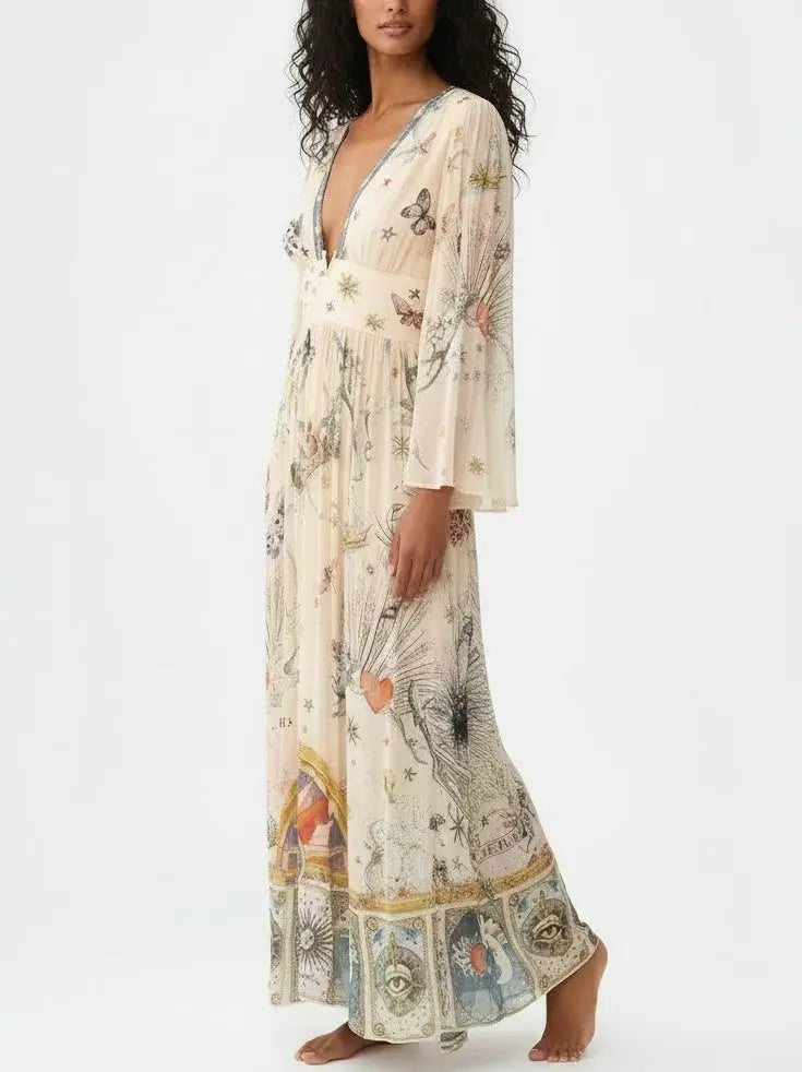 Silk Astrology-Print V-Neck Maxi Dress - Dresses