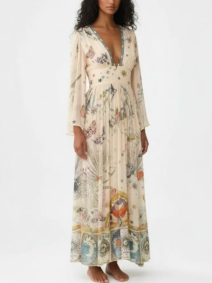 Silk Astrology-Print V-Neck Maxi Dress - Dresses