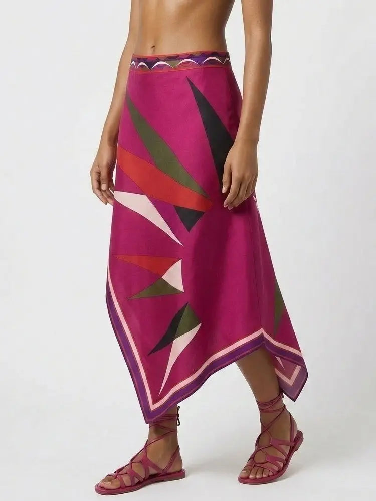 Silk Asymmetrical Abstract Print Midi Skirt - Skirts