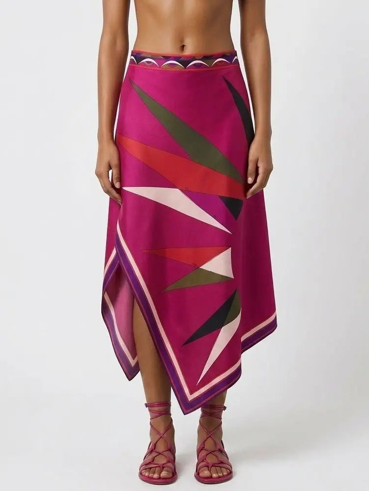 Silk Asymmetrical Abstract Print Midi Skirt - Skirts