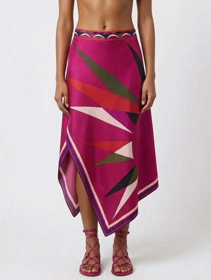 Silk Asymmetrical Abstract Print Midi Skirt - Skirts