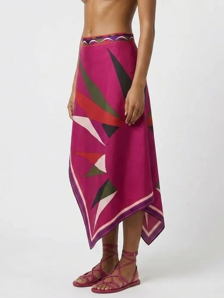 Silk Asymmetrical Abstract Print Midi Skirt - Skirts