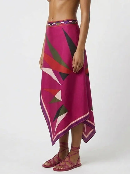 Silk Asymmetrical Abstract Print Midi Skirt - Skirts