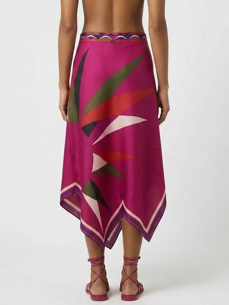 Silk Asymmetrical Abstract Print Midi Skirt - Skirts