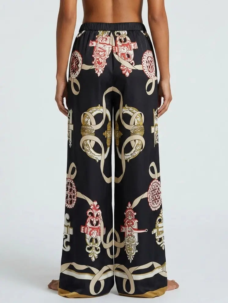 Silk Baroque Print Wide Leg Pants - Jeans & Pants