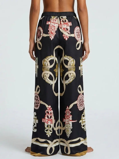 Silk Baroque Print Wide Leg Pants - Jeans & Pants