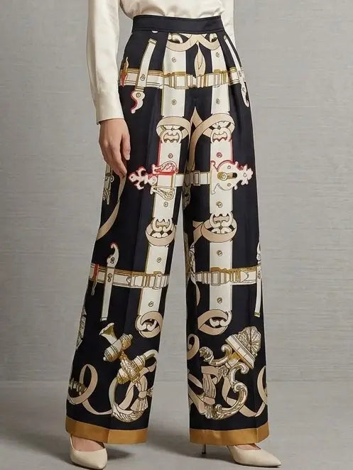 Silk Baroque Print Wide Leg Pants - Jeans & Pants