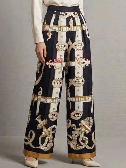 Silk Baroque Print Wide Leg Pants - Jeans & Pants