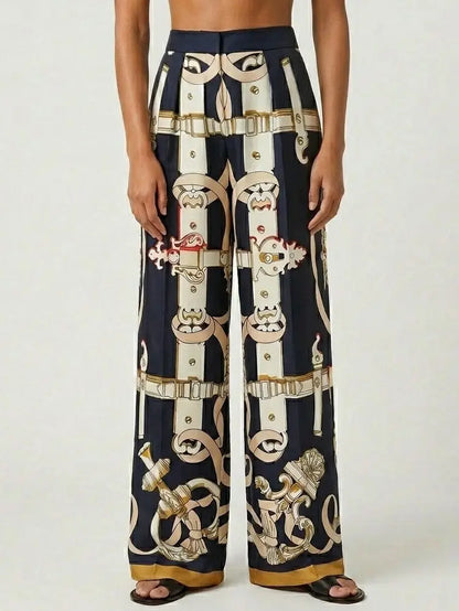 Silk Baroque Print Wide Leg Pants - Jeans & Pants