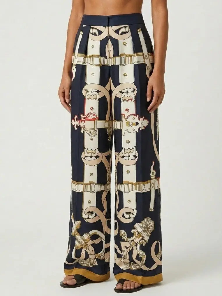 Silk Baroque Print Wide Leg Pants - Jeans & Pants
