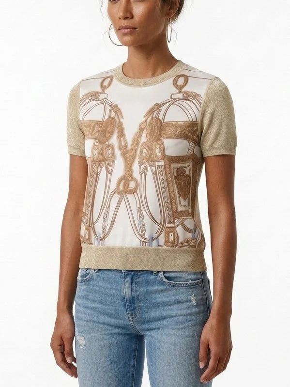 Silk Blend Equestrian Print Short Sleeve Sweater - Sweaters & Knitwear