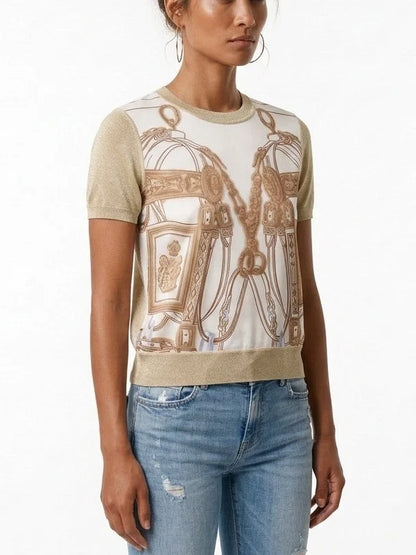 Silk Blend Equestrian Print Short Sleeve Sweater - Sweaters & Knitwear