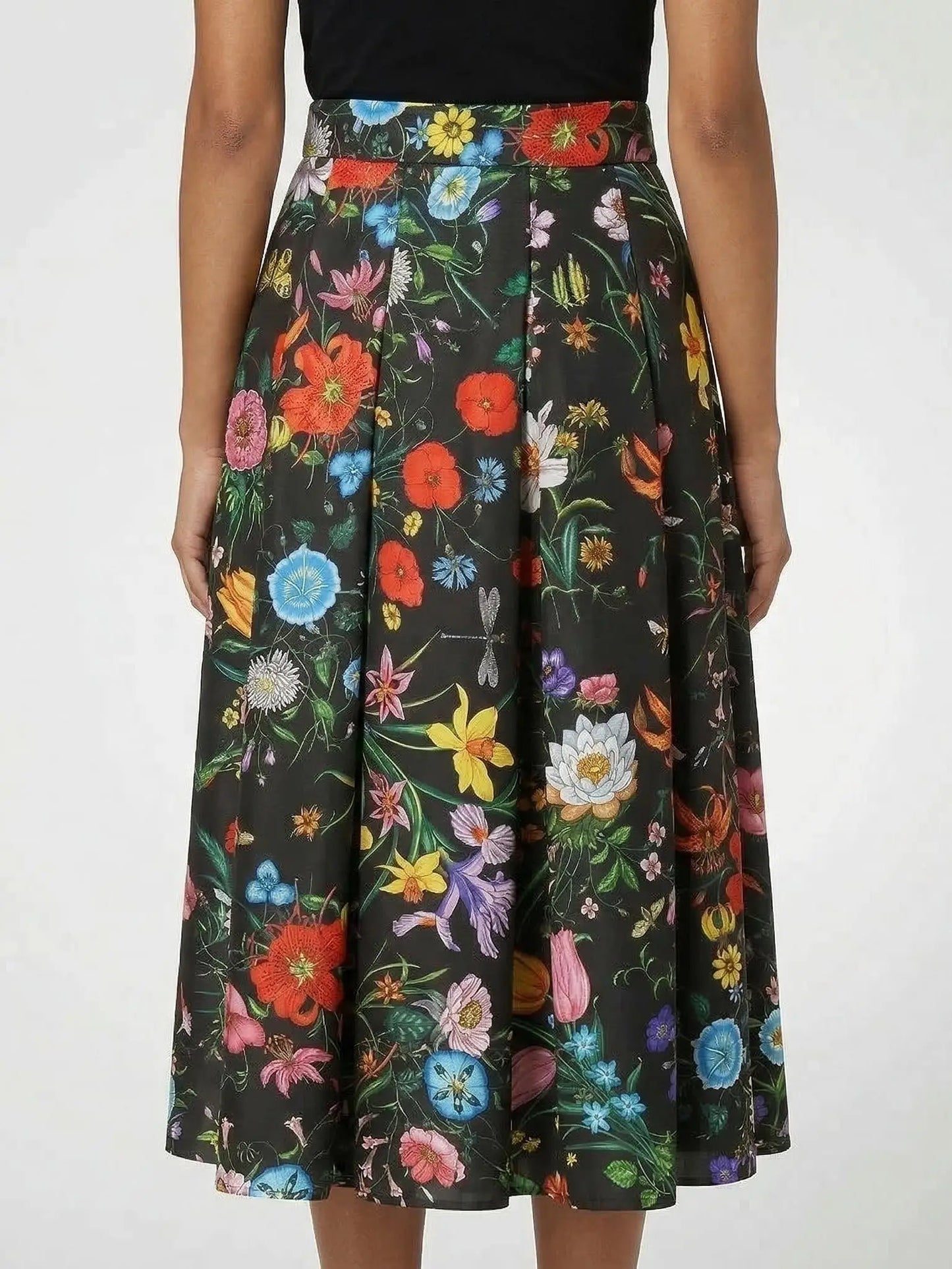 Silk Botanical Floral Print Pleated Midi Skirt - Skirts