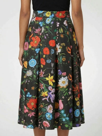 Silk Botanical Floral Print Pleated Midi Skirt - Skirts