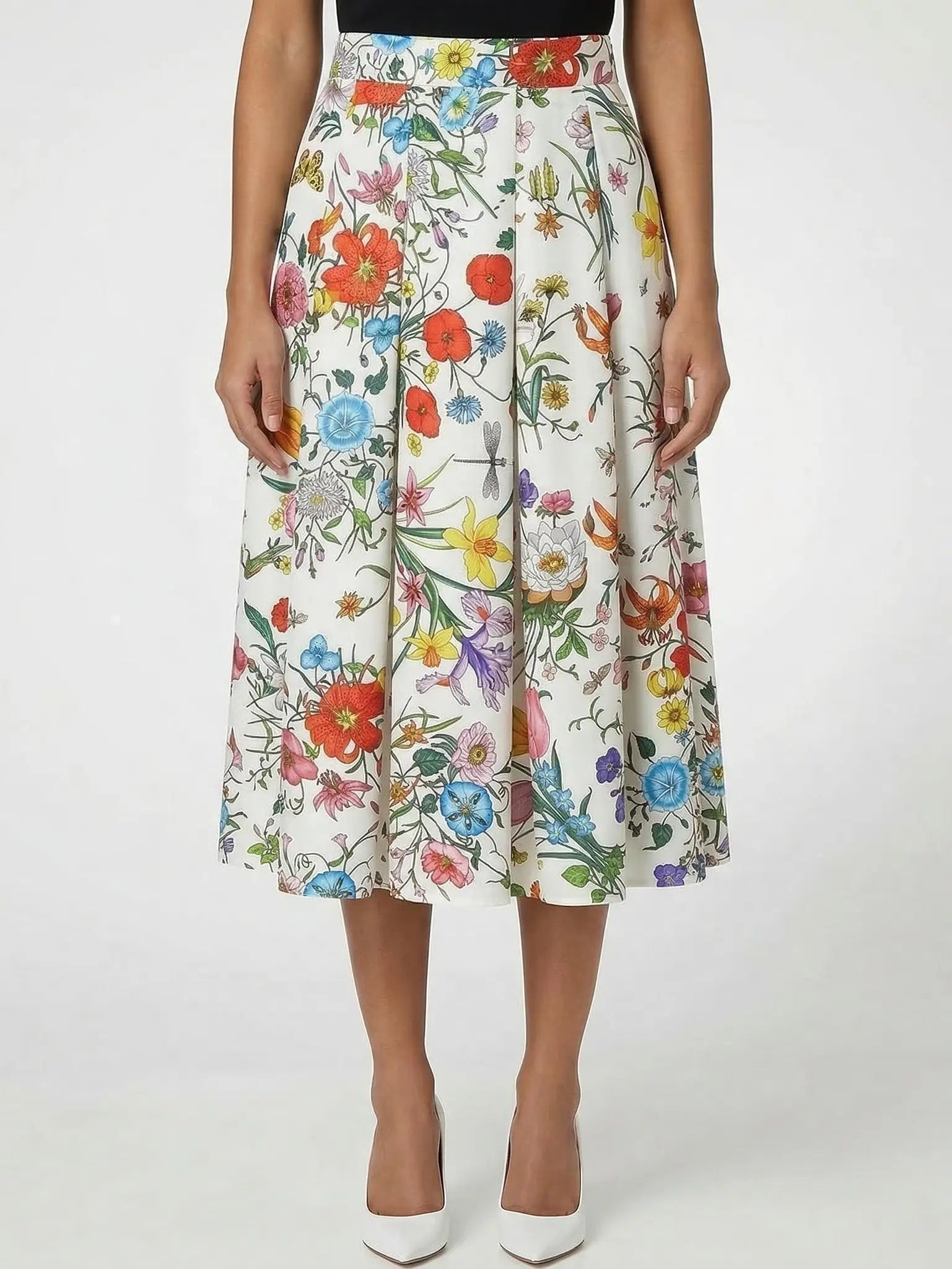 Silk Botanical Floral Print Pleated Midi Skirt - S / White - Skirts